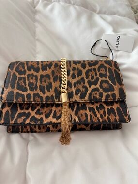ALDO Leopard Print Crossbody with Gold Chain Tassel - Brown/Black